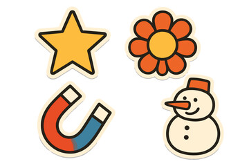 Set of cheerful cartoon icons including a star, flower, magnet, and snowman