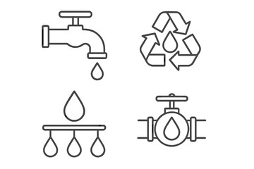 Water conservation and recycling icons set with faucet, drops, and pipe valve