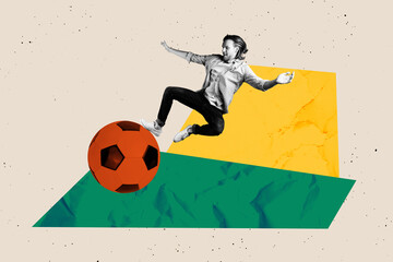 3d banner zine art pop trend collage of happy sportsman push football ball soccer team player competition sportive match