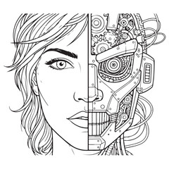 Line Art Illustration of a Split Face, Half Human and Half Robot, Depicting the Fusion of Biology and Technology