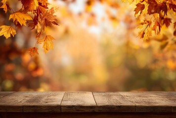 Autumn Leaves and Wooden Table Background.