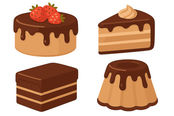 Collection of delicious chocolate cakes and pastries with sweet frosting and fruit toppings