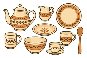 Handcrafted ceramic kitchenware collection featuring traditional decorative patterns