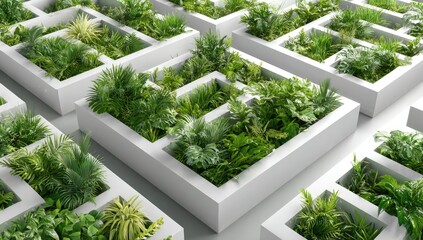 A repeating pattern of square white planters filled with lush, diverse greenery, creating a geometric, organic design