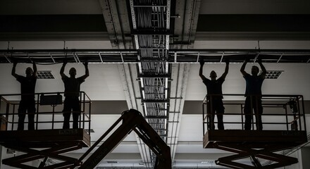 Silhouetted workers on scissor lifts installing cables in industrial ceiling.