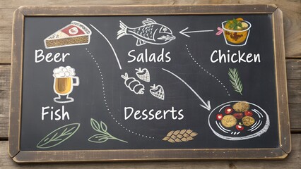 Food and Drink Pairing Suggestions Illustrated on a Chalkboard with Icons Representing Beer, Fish, Salads, Chicken, and Desserts