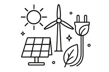Renewable energy sources with solar panel, wind turbine, and eco-friendly power plug