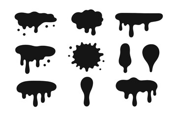 Collection of various black liquid drips, paint splatters, and abstract fluid shapes
