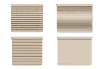 Beige window blinds and roller shade in various open and closed positions