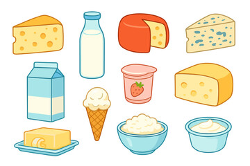 Assortment of fresh dairy products including milk, cheese, yogurt, and butter
