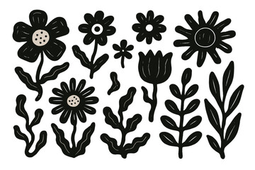 Stylized black and white floral elements and botanical leaf shapes collection