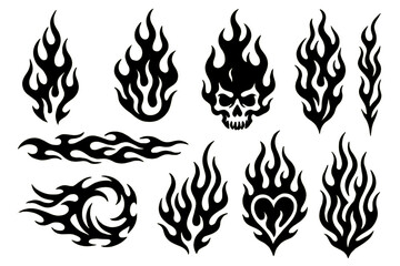 Set of stylized black flame design elements including skull and heart shapes