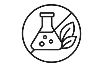 Chemical free natural product icon with laboratory flask and green leaves