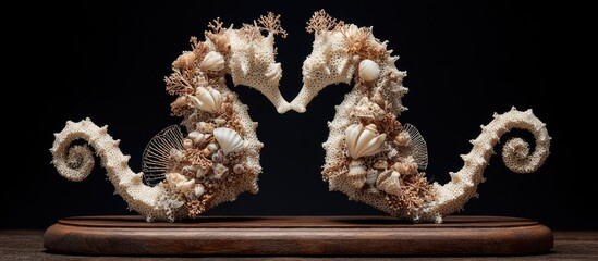 Two intricately crafted seahorse sculptures, adorned with various shells and coral, face each other on a dark wooden base against a black backdrop