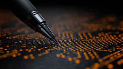 Close up of a stylus pen tip touching a glowing orange circuit board with intricate electronic pathways