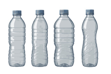 Collection of transparent plastic bottles with blue screw caps containing pure drinking water