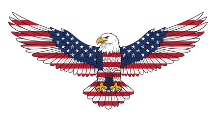An American eagle spreads its wings across the starry and striped banner.