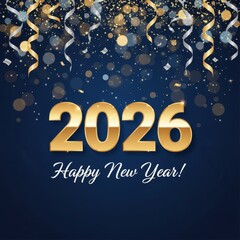 A festive Happy New Year 2026 greeting card. Gold and silver confetti and streamers fall on a dark blue background, creating a celebratory and elegant design.