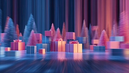 Abstract festive scene with pink and blue gifts nestled amongst stylized, frosted Christmas trees, set against a blurred, vertical striped background