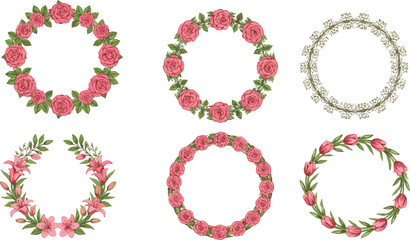 Floral wreath, pink roses, tulip design, lily circle, golden flowers, botanical art, wedding decoration, nature frame