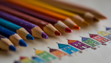 Colorful pencils lined up next to small watercolor houses on white paper