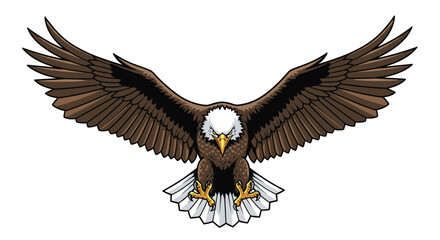 Fototapeta premium A majestic bald eagle with its wings spread wide in full flight over a plain.