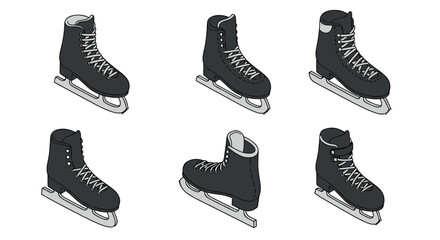 Isometric ice skates set: collection of six stylish black and white designs