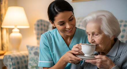 Fototapeta premium Caring Compassion Aged Care Nurse Assisting Elderly Woman Home Comfort Serenity Support Companionship Kindness Peace Tranquility Wellbeing Empathy Respectful 180 char
