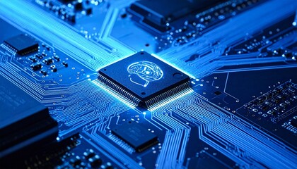Glowing Microchip on Motherboard ore Engine of Modern Digital Intelligence