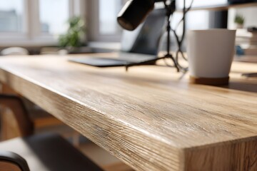 Close-up of a wooden desk texture in a modern home office. Podcasting setup with microphone and laptop in the background. Remote work concept with copy space