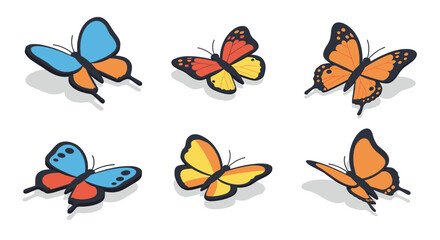 Fototapeta premium Colorful butterflies in isometric style set against a white background
