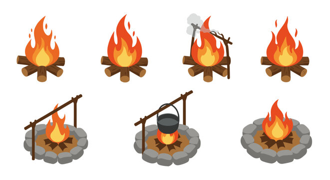 Isometric campfire and cooking elements: detailed fire pit collection for outdoor themes
