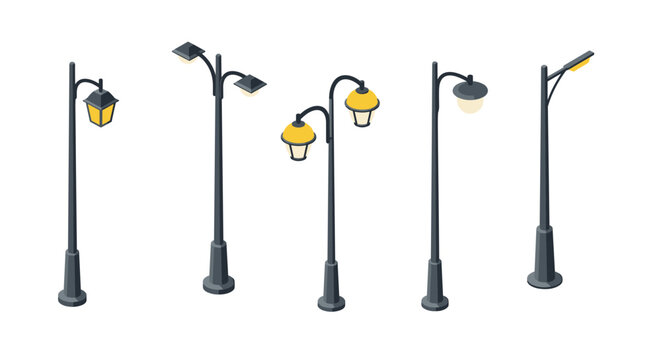 Modern street lamps collection with solar panels in isometric style