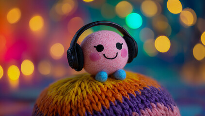 Cute pink character wearing headphones enjoying music with lights background