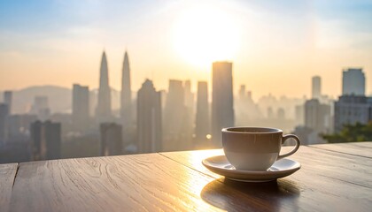 Sunrise coffee view from a city rooftop