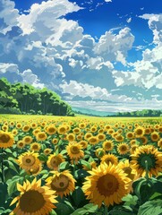 Sunflower field under blue sky background