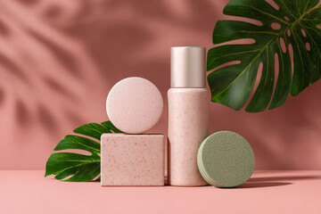 Natural skincare products and tropical leaves arranged on a pink background with soft shadows