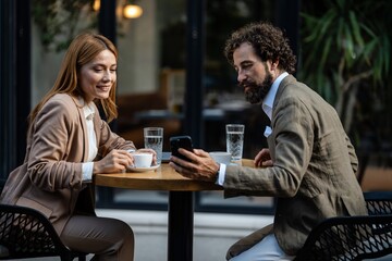 Business people using smartphone and drinking coffee at outdoor cafe
