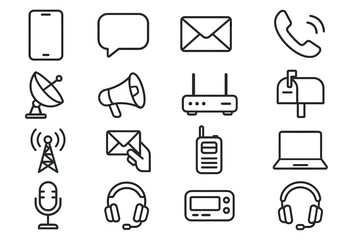 Communication icons: smartphone, email, phone, satellite, microphone, router, laptop