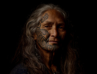 Close up portrait of an elderly man with long gray hair and intricate facial tattoos in dramatic lighting