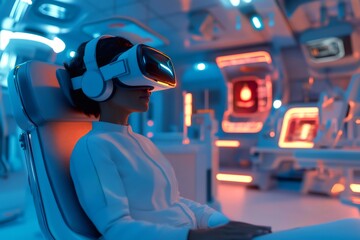 Woman wearing VR headset with headphones, engaging in a simulated experience within a high tech illuminated setting