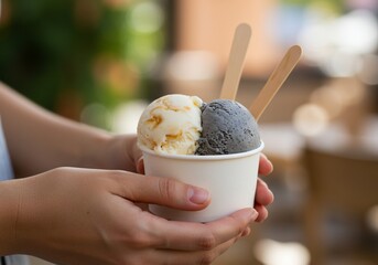 Hands holding a white paper cup with two scoops of ice cream.