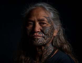 Elderly man with traditional facial tattoos looking directly at the camera with a serious expression