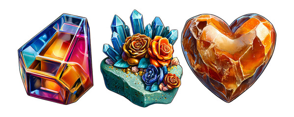 Glossy Cartoon Icons of Shapes and Crystals with Transparent Background