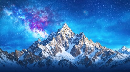 A stunning depiction of towering mountains beneath a vivid star-filled sky, featuring a prominent display of the Milky Way. The natural beauty is strikingly captured, and the overall layout provides