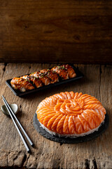 Fresh Salmon Sushi Art Display on Rustic Wooden Table