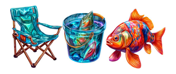 Colorful 3D Cartoon Illustration of Chair, Bucket, and Goldfish Icon