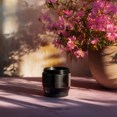 Small dark glass jar with pink flowers and dappled sunlight on a pink surface