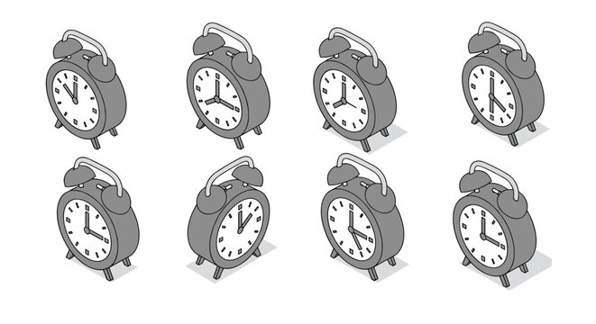 Isometric vintage alarm clocks in various time settings with shadows