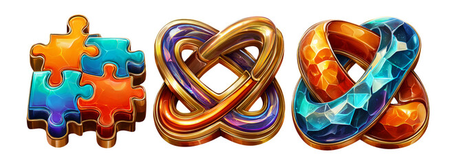 Colorful 3D Cartoon Icons of Puzzle and Knot Shapes with Glossy Finish